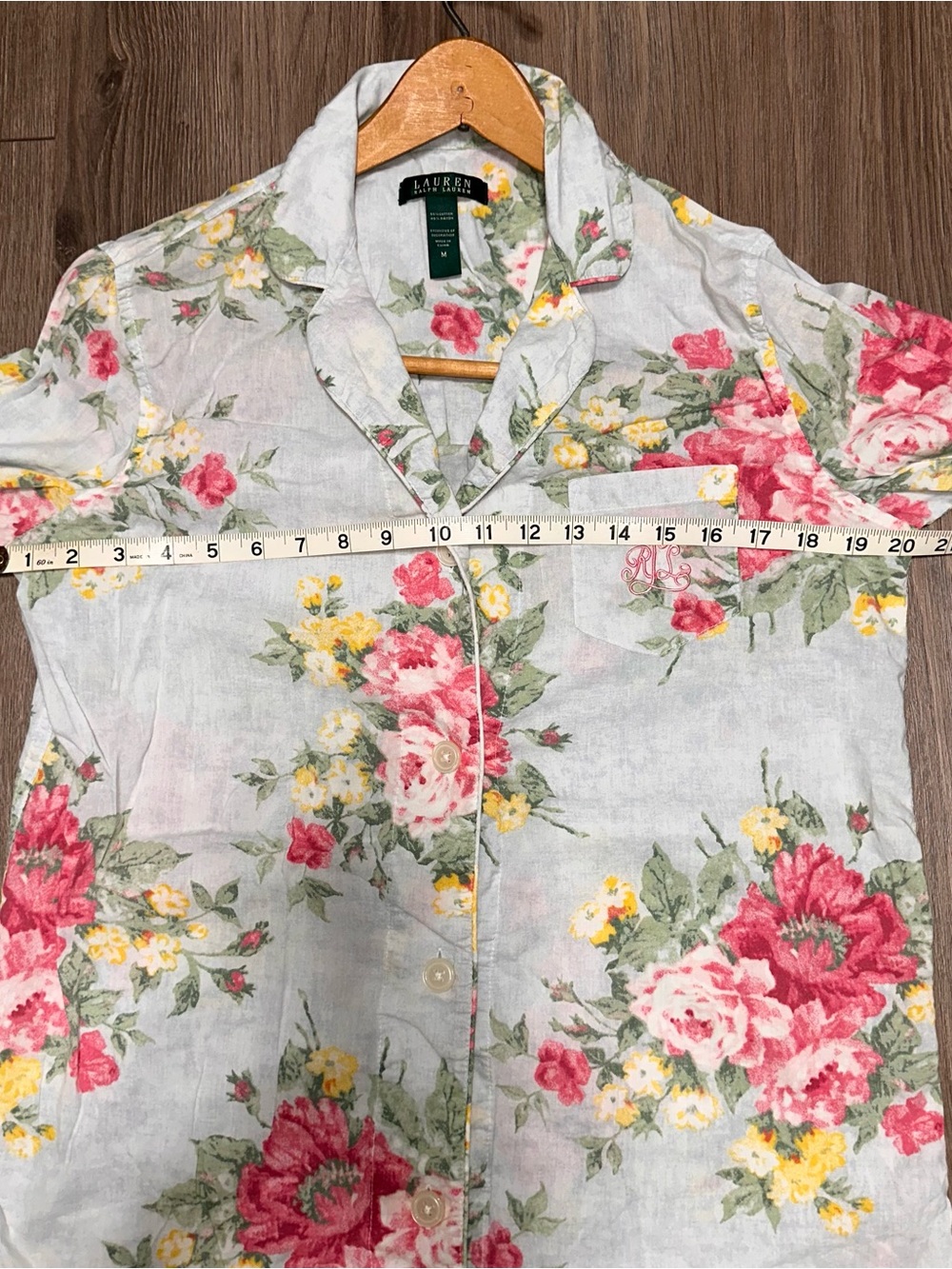 Lauren Ralph Lauren Light Blue Floral Cotton Nightshirt with Pink & Yellow Roses - Picture 5 of 6